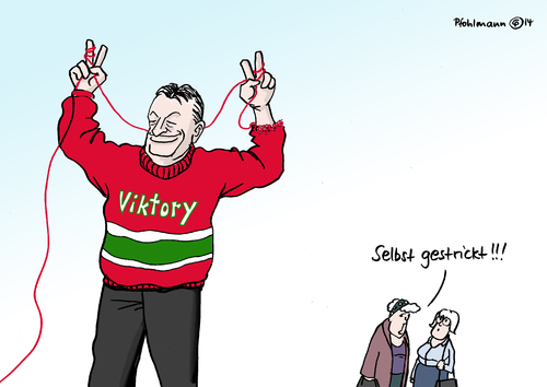 Cartoon: Orban strickt selbst (medium) by Pfohlmann tagged karikatur,cartoon,color,farbe,2014,ungarn,orban,wahlen,wahlgesetz,wahlsieg,viktor,viktory,victory,pullover,selbst,gestrickt,stricken,wolle,fidesz,karikatur,cartoon,color,farbe,2014,ungarn,orban,wahlen,wahlgesetz,wahlsieg,viktor,viktory,victory,pullover,selbst,gestrickt,stricken,wolle,fidesz