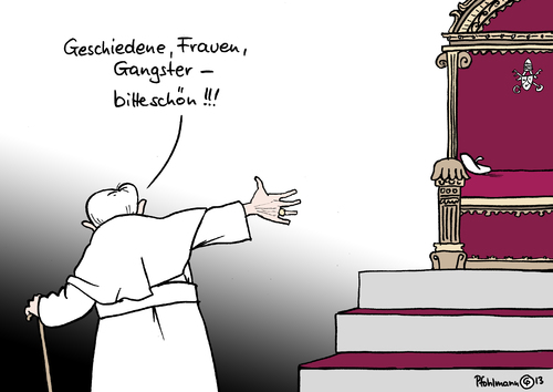 Cartoon: Papststuhl frei (medium) by Pfohlmann tagged karikatur,cartoon,color,farbe,2013,papst,rücktritt,benedikt,xvi,stuhl,heiliger,frauen,geschiedene,gangster,reform,reformen,kirche,katholizismus,katholisch,katholiken,vatikan,ratzinger,karikatur,cartoon,color,farbe,2013,papst,rücktritt,benedikt,xvi,stuhl,heiliger,frauen,geschiedene,gangster,reform,reformen,kirche,katholizismus,katholisch,katholiken,vatikan,ratzinger