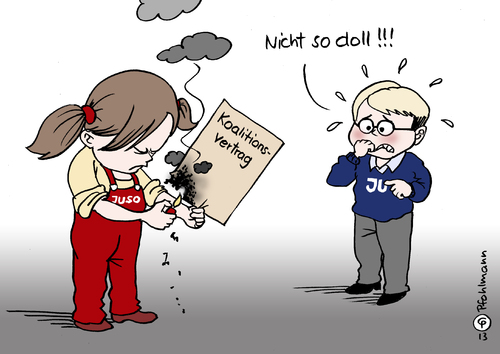 Cartoon: Parteikinderprotest (medium) by Pfohlmann tagged karikatur,cartoon,color,farbe,2013,deutschland,große,koalition,jusos,junge,union,parteinachwuchs,protest,bedenken,ablehnung,nein,abstimmung,kinder,parteikinder,spd,parteitag,basis,parteien,schwarzrot,karikatur,cartoon,color,farbe,2013,deutschland,große,koalition,jusos,junge,union,parteinachwuchs,protest,bedenken,ablehnung,nein,abstimmung,kinder,parteikinder,spd,parteitag,basis,parteien,schwarzrot