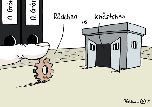 Cartoon: Rädchen ins Knästchen (medium) by Pfohlmann tagged karikatur,cartoon,2015,color,farbe,deutschland,prozess,ns,nationalsozialismus,urteil,oskar,gröning,verurteilung,rädchen,zahnrad,schuld,haftstrafe,haft,knästchen,auschwitz,vernichtungslager,massenmord,buchhalter,beihilfe,mord,karikatur,cartoon,2015,color,farbe,deutschland,prozess,ns,nationalsozialismus,urteil,oskar,gröning,verurteilung,rädchen,zahnrad,schuld,haftstrafe,haft,knästchen,auschwitz,vernichtungslager,massenmord,buchhalter,beihilfe,mord