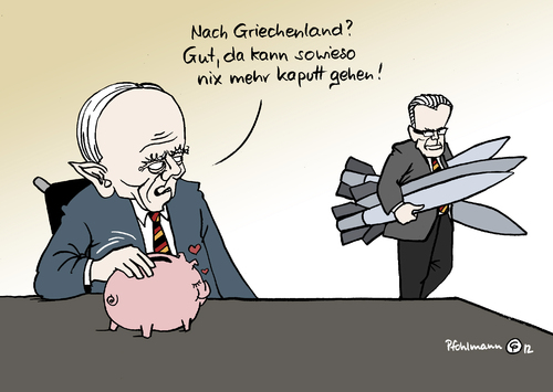 Cartoon: Raketen für Griechenland (medium) by Pfohlmann tagged karikatur,color,farbe,2012,griechenland,schäuble,de,maiziere,verteidigungsminister,bundeswehrreform,einsparungen,patriot,patriots,raketen,kreta,bundeswehr,übungsgelände,sparkurs,sparschwein,2012,griechenland,schäuble,verteidigungsminister,bundeswehrreform