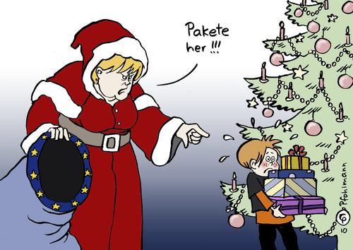 Cartoon: Rettungspakete (medium) by Pfohlmann tagged merkel,bundeskanzlerin,deutschland,weihnachten,bescherung,pakete,päckchen,geschenke,weihnachtsmann,weihnachtsfrau,rettungspakete,euro,eu,europa,währungskrise,schulden,schuldenkrise,angela merkel,bundeskanzlerin,deutschland,weihnachten,bescherung,pakete,geschenke,weihnachtsmann,weihnachtsfrau,rettungspakete,angela,merkel