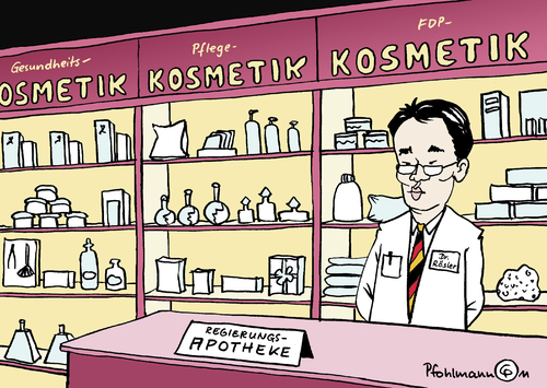 Cartoon: Röslers Apotheke (medium) by Pfohlmann tagged pflegereform,gesundheitsreform,sortiment,kosmetik,gesundheitsminister,apotheke,fdp,roesler,rösler,parteivorsitz,parteivorsitzender,rösler,fdp,apotheke,gesundheitsminister,kosmetik,sortiment,gesundheitsreform,pflegereform,parteivorsitz,parteivorsitzender