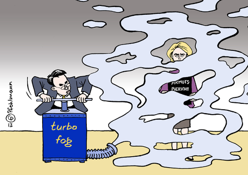 Cartoon: Röslers Nebel (medium) by Pfohlmann tagged karikatur,cartoon,color,farbe,2013,deutschland,armutsbericht,nebelmaschine,reichtumsbericht,rösler,fdp,von,der,leyen,cdu,koalition,arbeitsministerium,wirtschaftsministerium,wirtschaftsminister,arbeitsministerin,nebel,beschönigung,schönwetterbericht,vernebeln,vernebelung,korrekturen,karikatur,cartoon,color,farbe,2013,deutschland,armutsbericht,nebelmaschine,reichtumsbericht,rösler,fdp,von,der,leyen,cdu,koalition,arbeitsministerium,wirtschaftsministerium,wirtschaftsminister,arbeitsministerin,nebel,beschönigung,schönwetterbericht,vernebeln,vernebelung,korrekturen