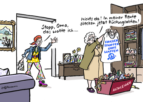 Cartoon: Rüstungsrente (medium) by Pfohlmann tagged rente,rentenpaket,generationenkapital,bundesregierung,ampel,fdp,lindner,aktienmarkt,kapitalmarkt,rüstung,krieg,frieden,waffen,vergangenheit,jugend,pazifismus,pazifisten,tshirt,kleidung,altkleider,oma,großmutter,enkelin,secondhand,friedensbewegung,alter,alt,jung,senioren,seniorin,rente,rentenpaket,generationenkapital,bundesregierung,ampel,fdp,lindner,aktienmarkt,kapitalmarkt,rüstung,krieg,frieden,waffen,vergangenheit,jugend,pazifismus,pazifisten,tshirt,kleidung,altkleider,oma,großmutter,enkelin,secondhand,friedensbewegung,alter,alt,jung,senioren,seniorin