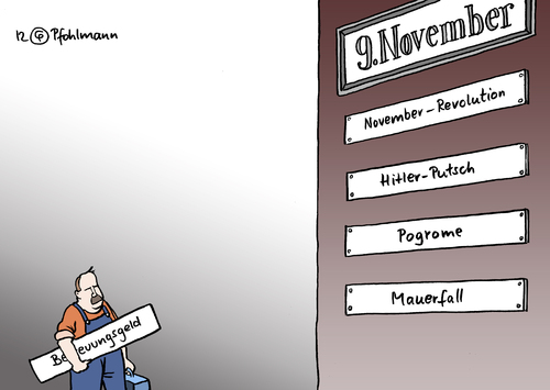 Cartoon: Schicksalstag (medium) by Pfohlmann tagged karikatur,cartoon,color,farbe,2012,deutschland,schicksalstag,geschichte,neunter,november,revolution,hitler,putsch,pogrome,reichskristallnacht,mauerfall,wiedervereinigung,historisch,betreuungsgeld,karikatur,cartoon,color,farbe,2012,deutschland,schicksalstag,geschichte,neunter,november,revolution,hitler,putsch,pogrome,reichskristallnacht,mauerfall,wiedervereinigung,historisch,betreuungsgeld