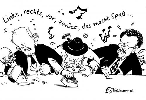 Cartoon: Schunkel-CSU (medium) by Pfohlmann tagged csu,rauchverbot,nichtraucherschutz,huber,beckstein,,csu,rauchverbot,nichtraucherschutz,günther,beckstein,erwin,huber,bayern,nichtraucher,verbot,gesundheit,bar,kneipe,zigaretten,party,fete,feiern,schunkeln,bier,alkohol,sucht,links,rechts,aschenbecher,krallen,festhalten,spaß,ziehen,einigung,mitte,enscheidung,hergerissen