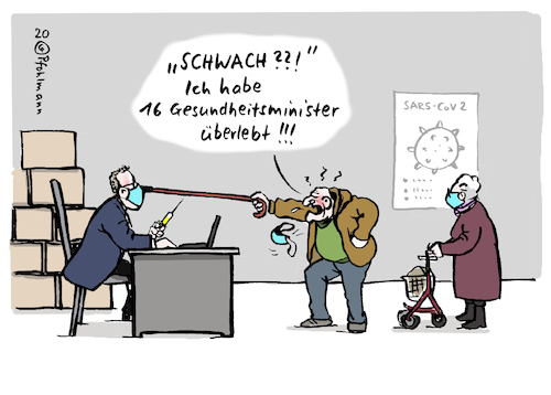 Cartoon: Schwache impfen (medium) by Pfohlmann tagged 2020,corona,coronavirus,covid19,gesundheitsminister,gesundheit,krankheit,pandemie,impfen,impfung,schwach,alt,alte,senioren,risikogruppe,überleben,deutschland,impfzentrum,massenimpfung,diskriminierung,alter,2020,corona,coronavirus,covid19,gesundheitsminister,gesundheit,krankheit,pandemie,impfen,impfung,schwach,alt,alte,senioren,risikogruppe,überleben,deutschland,impfzentrum,massenimpfung,diskriminierung,alter