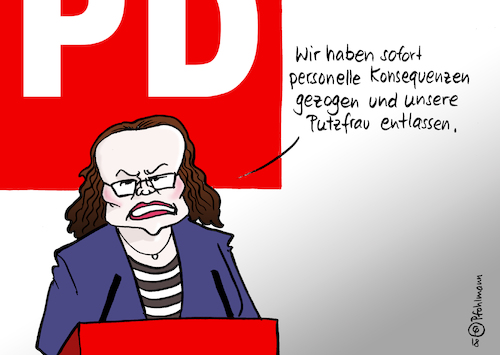 Cartoon: SPD Putzfrau (medium) by Pfohlmann tagged karikatur,cartoon,farbe,color,2018,deutschland,bayern,landtagswahl,spd,verlierer,verluste,bundespartei,nahles,bundesvorsitzende,groko,putzfrau,personelle,konsequenzen,personalfragen,rücktritt,parteivorsitzende,entlassen,entlassung,sozialpolitik,karikatur,cartoon,farbe,color,2018,deutschland,bayern,landtagswahl,spd,verlierer,verluste,bundespartei,nahles,bundesvorsitzende,groko,putzfrau,personelle,konsequenzen,personalfragen,rücktritt,parteivorsitzende,entlassen,entlassung,sozialpolitik