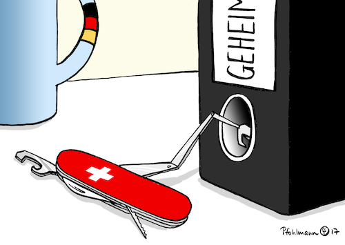 Cartoon: Spionagemesser (medium) by Pfohlmann tagged karikatur,cartoon,2017,color,farbe,deutschland,schweiz,spion,spionage,finanzbehörden,steuerdaten,steuerhinterziehung,messer,taschenmesser,schweizer,akten,geheim,finanzbeamte,spitzel,cd,steuersünder,karikatur,cartoon,2017,color,farbe,deutschland,schweiz,spion,spionage,finanzbehörden,steuerdaten,steuerhinterziehung,messer,taschenmesser,schweizer,akten,geheim,finanzbeamte,spitzel,cd,steuersünder