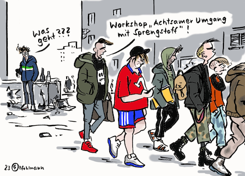 Cartoon: Sprengstoff achtsam (medium) by Pfohlmann tagged silvester,böller,raketen,gewalt,polizei,rettungskräfte,männer,jugendliche,workshop,fortbildung,achtsamkeit,sprengstoff,ausschreitungen,sozialarbeit,brennpunkt,silvester,böller,raketen,gewalt,polizei,rettungskräfte,männer,jugendliche,workshop,fortbildung,achtsamkeit,sprengstoff,ausschreitungen,sozialarbeit,brennpunkt