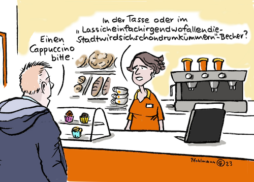 Cartoon: Stadtkümmerbecher (medium) by Pfohlmann tagged umwelt,müll,abfall,kommune,stadt,bäckerei,becher,kaffee,cappuccino,einweg,wegwerfbecher,wegwerfen,abgabe,kunststoff,plastik,plastikmüll,konsum,entsorgung,konsument,konsumentin,konsumenten,wegwerfgesellschaft,umwelt,müll,abfall,kommune,stadt,bäcker,becher,kaffee,cappuccino,einweg,wegwerfbecher,wegwerfen,abgabe,kunsstoff,plastik,plastikmüll,konsum,entsorgung,konsument,konsumentin,konsumenten