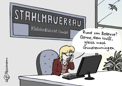 Cartoon: Stahlmauer (medium) by Pfohlmann tagged karikatur,color,farbe,2012,deutschland,wulff,stahlmauer,gundremmingen,zwischenlager,atomares,akw,atommüll,bellevue,schloss,mauer,terror,angriff,terrorangriff,sicherheit,2012,deutschland,wulff,stahlmauer,gundremmingen,zwischenlager,atomares,akw,atommüll,bellevue,schloss,terrorangriff