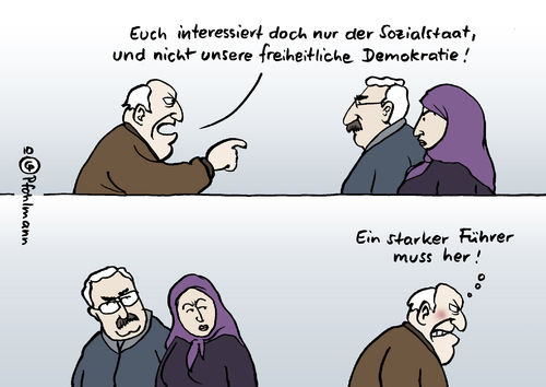 Cartoon: Starker Führer (medium) by Pfohlmann tagged umfrage,integration,ausländer,führer,diktatur,demokratie,sozialstaat,migration,migranten,zuwanderer,zuwanderung,rechts,rechte,ausländerfeindlichkeit,deutschland,debatte,integration,führer,rechts,deutsche,regierung,ausland,abschiebung,migration,zuwanderung,ausländer,partei,arabisch,araber,türkei,spd,populismus,islam,gabriel,seehofer,ausländerfeindlichkeit,national,nationalistisch,diktatur,demokratie,sozialstaat