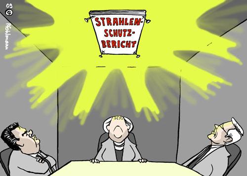 Cartoon: Strahlenschutzbericht (medium) by Pfohlmann tagged strahlenschutzbericht,atomkraft,merkel,gabriel,wulff,asse,radioaktivität,atomausstieg,atompolitik,kernkraft,strahlung