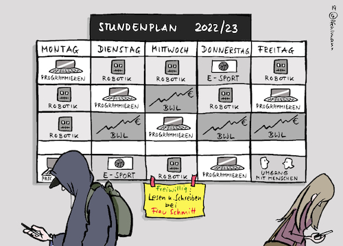 Cartoon: Stundenplan 4.0 (medium) by Pfohlmann tagged 2019,digitalisierung,bildung,schule,schüler,programmieren,unterricht,robotik,technik,lesen,schreiben,lernen,esport,bwl,2019,digitalisierung,bildung,schule,schüler,programmieren,unterricht,robotik,technik,lesen,schreiben,lernen,esport,bwl