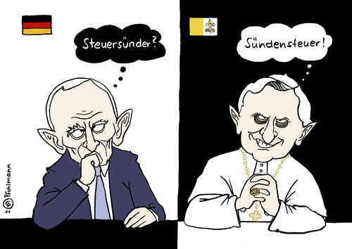 Cartoon: Sündensteuer (medium) by Pfohlmann tagged karikatur,color,farbe,2011,deutschland,papst,benedikt,berlin,besuch,rede,bundestag,schäuble,finanzminister,steuersünder,abkommen,steuerabkommen,schweiz,schwarzgeld,sündensteuer,steuer,deutschland,papst,besuch,rede,bundestag,berlin,schäuble,finanzminister