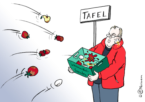 Cartoon: Tafelspenden (medium) by Pfohlmann tagged karikatur,cartoon,color,farbe,2018,deutschland,tafel,essen,ausländerstopp,ausländer,migranten,flüchtlinge,junge,männer,lebensmittel,lebensmittelspenden,überforderung,vorwürfe,tomaten,eier,sartor,ehrenamt,ehrenamtliche,sozialpolitik,armut,shitstorm,karikatur,cartoon,color,farbe,2018,deutschland,tafel,essen,ausländerstopp,ausländer,migranten,flüchtlinge,junge,männer,lebensmittel,lebensmittelspenden,überforderung,vorwürfe,tomaten,eier,sartor,ehrenamt,ehrenamtliche,sozialpolitik,armut,shitstorm