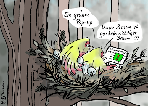 Cartoon: Tesla und Grüne (medium) by Pfohlmann tagged 2020,deutschland,berlin,brandenburg,tesla,wald,pop,up,baum,naturschutz,artenschutz,umwelt,ansiedlung,fabrik,streit,grüne,liga,klage,rodung,baustopp,vögel,nest,vogelnest,monokultur,natur,2020,deutschland,berlin,brandenburg,tesla,wald,pop,up,baum,naturschutz,artenschutz,umwelt,ansiedlung,fabrik,streit,grüne,liga,klage,rodung,baustopp,vögel,nest,vogelnest,monokultur,natur