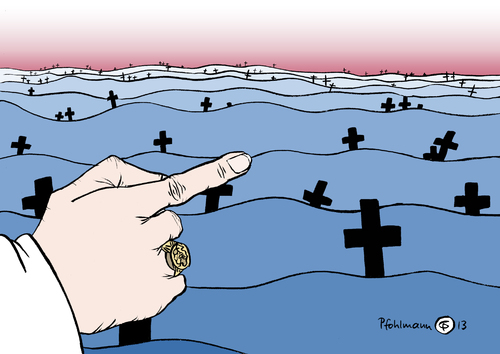 Cartoon: Totenmeer (medium) by Pfohlmann tagged karikatur,cartoon,color,farbe,2013,italien,vatikan,papst,franziskus,besuch,lampedusa,flüchtlinge,flüchtlingselend,tote,kreuze,meer,würdigung,kranz,zeichen,finger,zeigefinger,dritte,welt,boote,flüchtlingsboote,insel,zuflucht,asyl,armut,europa,nordafrika,afrika,karikatur,cartoon,color,farbe,2013,italien,vatikan,papst,franziskus,besuch,lampedusa,flüchtlinge,flüchtlingselend,tote,kreuze,meer,würdigung,kranz,zeichen,finger,zeigefinger,dritte,welt,boote,flüchtlingsboote,insel,zuflucht,asyl,armut,europa,nordafrika,afrika