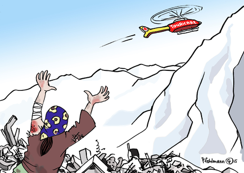 Cartoon: Touristenrettung (medium) by Pfohlmann tagged karikatur,cartoon,2015,color,farbe,nepal,himalaya,erdbeben,katastrophe,unglück,touristen,bergsteiger,naturkatastrophe,rettung,hubschrauber,infrastruktur,kletterer,urlauber,einheimische,hilfe,kathmandu,karikatur,cartoon,2015,color,farbe,nepal,himalaya,erdbeben,katastrophe,unglück,touristen,bergsteiger,naturkatastrophe,rettung,hubschrauber,infrastruktur,kletterer,urlauber,einheimische,hilfe,kathmandu