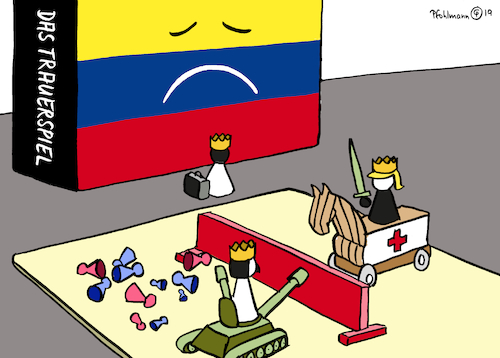 Cartoon: Trauerspiel (medium) by Pfohlmann tagged venezuela,trauerspiel,macht,maduro,usa,trump,hilfe,hilfslieferungen,opfer,bevölkerung,blockade,venezuela,trauerspiel,macht,maduro,usa,trump,hilfe,hilfslieferungen,opfer,bevölkerung,blockade