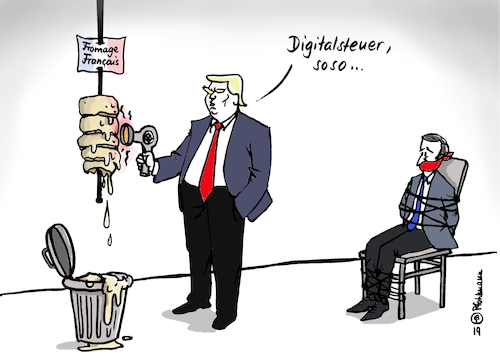 Cartoon: Trump fönt (medium) by Pfohlmann tagged 2019,usa,frankreich,zoll,zölle,handelskrieg,digitalsteuer,internetkonzerne,käse,fön,fönen,macron,trump,2019,usa,frankreich,zoll,zölle,handelskrieg,digitalsteuer,internetkonzerne,käse,fön,fönen,macron,trump