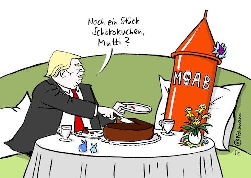 Cartoon: Trumps Mutterkuchen (medium) by Pfohlmann tagged karikatur,cartoon,2017,color,farbe,usa,trump,präsident,mutter,aller,bomben,bombardierung,afghanistan,schokokuchen,interview,ostern,kaffee,kuchen,mutti,karikatur,cartoon,2017,color,farbe,usa,trump,präsident,mutter,aller,bomben,bombardierung,afghanistan,schokokuchen,interview,ostern,kaffee,kuchen,mutti