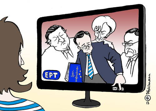 Cartoon: TV-Aus (medium) by Pfohlmann tagged karikatur,cartoon,color,farbe,2013,griechenland,fernsehen,rundfunk,staatlich,sender,ept,ert,troika,eu,europa,eurokrise,schuldenkrise,barroso,lagarde,draghi,samaras,sparen,sparmaßnahmen,entlassung,journalisten,fernseher,tv,einstellen,einstellung,schließung,karikatur,cartoon,color,farbe,2013,griechenland,fernsehen,rundfunk,staatlich,sender,ept,ert,troika,eu,europa,eurokrise,schuldenkrise,barroso,lagarde,draghi,samaras,sparen,sparmaßnahmen,entlassung,journalisten,fernseher,tv,einstellen,einstellung,schließung