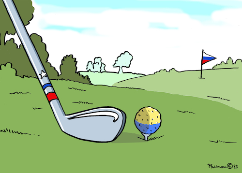 Cartoon: Ukraine-Golf (medium) by Pfohlmann tagged ukraine,russland,trump,putin,deal,golfplatz,golfball,großmächte,golfschläger,krieg,frieden,beute,ukraine,russland,trump,putin,deal,golfplatz,golfball,großmächte,golfschläger,krieg,frieden,beute