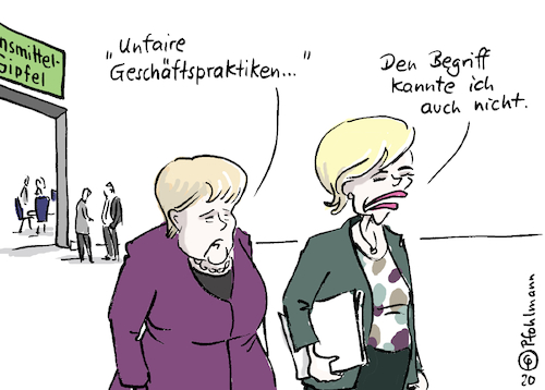 Cartoon: Unfaire Praktiken (medium) by Pfohlmann tagged 2020,lebensmittelgipfel,deutschland,klöckner,merkel,landwirtschaft,lebensmittel,handel,ausbeutung,preise,konsumenten,erzeuger,nahrungsmittel,2020,lebensmittelgipfel,deutschland,klöckner,merkel,landwirtschaft,lebensmittel,handel,ausbeutung,preise,konsumenten,erzeuger,nahrungsmittel