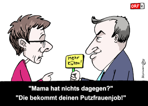 Cartoon: Untertitel (medium) by Pfohlmann tagged 2020,österreich,orf,untertitel,regierung,panne,tv,fernsehen,serie,akk,söder,cdu,csu,küken,putzfrau,mama,mutti,groko,2020,österreich,orf,untertitel,regierung,panne,tv,fernsehen,serie,akk,söder,cdu,csu,küken,putzfrau,mama,mutti,groko