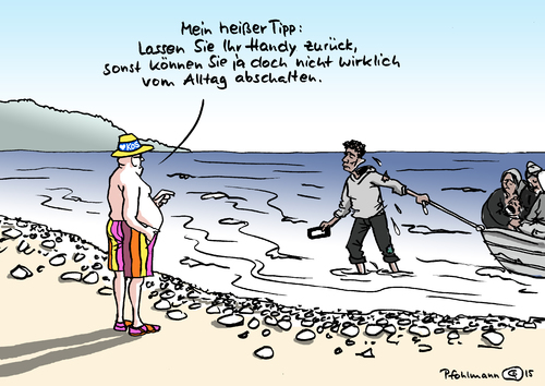 Cartoon: Urlaub auf Kos (medium) by Pfohlmann tagged karikatur,cartoon,2015,color,farbe,griechenland,kos,insel,flüchtling,tourist,flüchtlinge,mittelmeer,asyl,handy,smartphone,abschalten,alltag,urlaub,tourismus,strand,flüchtlingsboot,karikatur,cartoon,2015,color,farbe,griechenland,kos,insel,flüchtling,tourist,flüchtlinge,mittelmeer,asyl,handy,smartphone,abschalten,alltag,urlaub,tourismus,strand,flüchtlingsboot