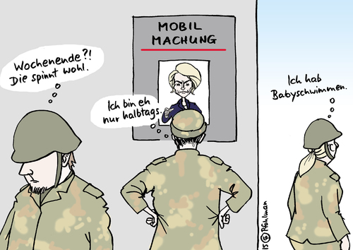 Cartoon: Uschi macht mobil (medium) by Pfohlmann tagged karikatur,cartoon,2015,color,farbe,deutschland,bundeswehr,verteidigungsministerin,von,der,leyen,mobilmachung,arbeitgeber,attraktivität,steigerung,attraktiv,nachwuchs,arbeitsplatz,familienfreundlichkeit,familienfreundlich,arbeitszeiten,teilzeit,karikatur,cartoon,2015,color,farbe,deutschland,bundeswehr,verteidigungsministerin,von,der,leyen,mobilmachung,arbeitgeber,attraktivität,steigerung,attraktiv,nachwuchs,arbeitsplatz,familienfreundlichkeit,familienfreundlich,arbeitszeiten,teilzeit