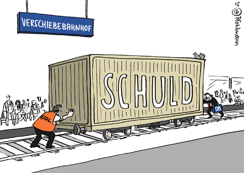 Cartoon: Verschiebebahnhof (medium) by Pfohlmann tagged karikatur,cartoon,2015,color,farbe,deutschland,bahn,deutsche,lokgewerkschaft,gewerkschaft,gdl,streik,lokführer,schuld,container,verschiebebahnhof,bahnhof,güterzug,waggon,weselsky,weber,konflikt,karikatur,cartoon,2015,color,farbe,deutschland,bahn,deutsche,lokgewerkschaft,gewerkschaft,gdl,streik,lokführer,schuld,container,verschiebebahnhof,bahnhof,güterzug,waggon,weselsky,weber,konflikt