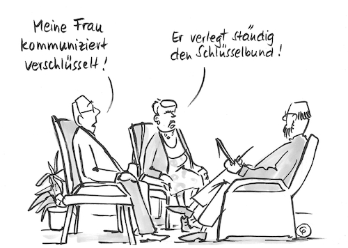 Cartoon: Verschlüsselsprech (medium) by Pfohlmann tagged eheberatung,ehe,beziehung,kommunikation,paar,paarberatung,psychologe,paartherapie,verschlüsselt,schlüssel,entschlüsseln,missverständnis,eheberatung,ehe,beziehung,kommunikation,paar,paarberatung,psychologe,paartherapie,verschlüsselt,schlüssel,entschlüsseln,missverständnis