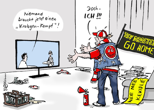 Cartoon: Virologen-Kampf (medium) by Pfohlmann tagged 2020,corona,coronakrise,coronavirus,pandemie,virologen,experten,streit,duell,kampf,bundesliga,fußball,fußballfan,fan,wissenschaft,wissenschaftler,meinungen,ausgangsbeschränkung,ausgangssperre,2020,corona,coronakrise,coronavirus,pandemie,virologen,experten,streit,duell,kampf,bundesliga,fußball,fußballfan,fan,wissenschaft,wissenschaftler,meinungen,ausgangsbeschränkung,ausgangssperre