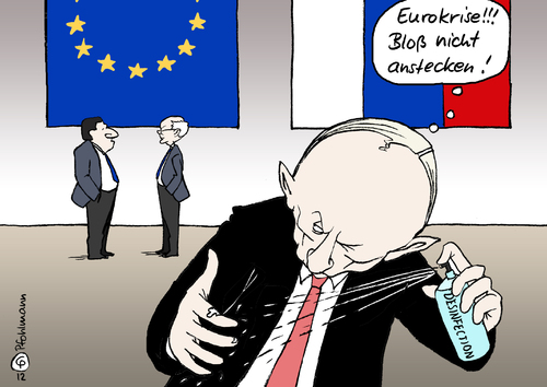 Cartoon: Vorsicht Ansteckung! (medium) by Pfohlmann tagged karikatur,color,farbe,2012,eu,europa,russland,putin,gipfel,gipfeltreffen,st,petersburg,eurokrise,ansteckung,barroso,van,rompuy,desinfektion,desinfizieren,hand,händedruck,angst,rubel,2012,eu,russland,putin,petersburg,eurokrise