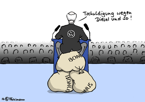 Cartoon: VW Tschuldigung (medium) by Pfohlmann tagged karikatur,cartoon,2016,color,farbe,deutschland,vw,aufsichtsrat,pötsch,aktionärsversammlung,aktionäre,hauptversammlung,entschuldigung,abgasaffäre,diesel,betrug,dieselgate,bonus,bonuszahlungen,karikatur,cartoon,2016,color,farbe,deutschland,vw,aufsichtsrat,pötsch,aktionärsversammlung,aktionäre,hauptversammlung,entschuldigung,abgasaffäre,diesel,betrug,dieselgate,bonus,bonuszahlungen