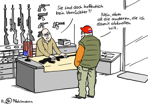 Cartoon: waffenverrückt (medium) by Pfohlmann tagged präsidentschaftswahlkampf,wahlkampf,präsident,obama,waffenverkäufer,waffengeschäft,waffenbesitz,grundrecht,verrückt,waffenlobby,waffen,batman,kino,amokschütze,amoklauf,waffengesetze,waffengesetz,usa,2012,farbe,color,karikatur