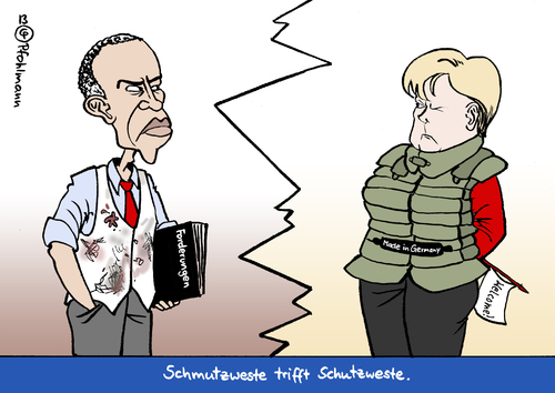 Cartoon: Westentreffen (medium) by Pfohlmann tagged karikatur,cartoon,color,farbe,2013,deutschland,merkel,obama,staatsbesuch,schmutzweste,weiße,weste,schutzweste,syrien,forderungen,waffenlieferungen,giftgas,angriff,aufstand,berlin,willkommen,usa,karikatur,cartoon,color,farbe,2013,deutschland,merkel,obama,staatsbesuch,schmutzweste,weiße,weste,schutzweste,syrien,forderungen,waffenlieferungen,giftgas,angriff,aufstand,berlin,willkommen,usa