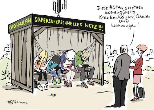 Cartoon: WLAN-Hütten (medium) by Pfohlmann tagged 2019,deutschland,kommunen,städte,gemeinden,unterschied,gefälle,schere,wlan,netzausbau,schnelles,internet,hütten,wohnungen,krankenhäuser,schulen,sparen,handy,smartphone,smombies,2019,deutschland,kommunen,städte,gemeinden,unterschied,gefälle,schere,wlan,netzausbau,schnelles,internet,hütten,wohnungen,krankenhäuser,schulen,sparen,handy,smartphone,smombies