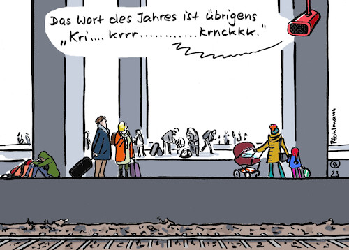 Cartoon: Wort des Jahres 23 (medium) by Pfohlmann tagged wort,wortdesjahres,krisenmodus,krisen,bahn,db,streik,lokführer,lokführerstreik,gdl,reise,winter,wetter,zug,zugausfälle,verspätungen,reisende,bahnhof,krieg,ukraine,russland,israel,palästinenser,hamas,inflation,corona,klima,energiekrise,bahnsteig,gleis,lautsprecher,durchsage,wort,wortdesjahres,krisenmodus,krisen,bahn,db,streik,lokführer,lokführerstreik,gdl,reise,winter,wetter,zug,zugausfälle,verspätungen,reisende,bahnhof,krieg,ukraine,russland,israel,palästinenser,hamas,inflation,corona,klima,energiekrise,bahnsteig,gleis,lautsprecher,durchsage