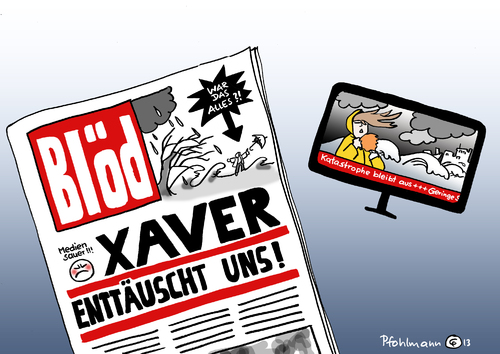 Cartoon: Xaver enttäuscht (medium) by Pfohlmann tagged karikatur,cartoon,color,farbe,2013,deutschland,orkan,sturm,xaver,katastrophe,medien,bildzeitung,bild,blöd,boulevard,boulevardmedien,tv,fernsehen,hype,enttäuscht,enttäuschung,sturmflut,hochwasser,norddeutschland,karikatur,cartoon,color,farbe,2013,deutschland,orkan,sturm,xaver,katastrophe,medien,bildzeitung,bild,blöd,boulevard,boulevardmedien,tv,fernsehen,hype,enttäuscht,enttäuschung,sturmflut,hochwasser,norddeutschland