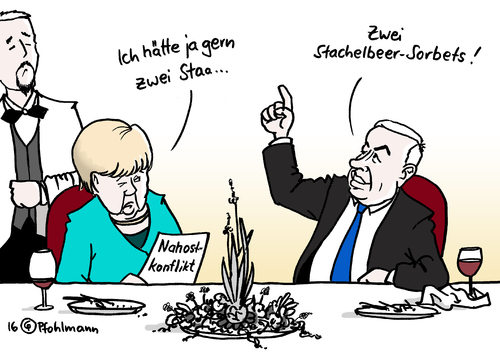 Cartoon: Zwei Staaten - zwei Sorbets (medium) by Pfohlmann tagged karikatur,cartoon,2016,color,farbe,deutschland,israel,netanjahu,netanyahu,ministerpräsident,premier,nahostpolitik,palästinenser,palästinenserstaat,besuch,staatsbesuch,bankett,essen,zwei,staaten,stachelbeer,sorbet,dessert,nahostkonflikt,merkel,bundeskanzlerin,festessen,bestellung,karikatur,cartoon,2016,color,farbe,deutschland,israel,netanjahu,netanyahu,ministerpräsident,premier,nahostpolitik,palästinenser,palästinenserstaat,besuch,staatsbesuch,bankett,essen,zwei,staaten,stachelbeer,sorbet,dessert,nahostkonflikt,merkel,bundeskanzlerin,festessen,bestellung