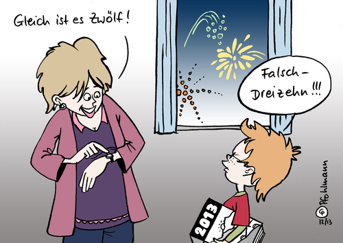 Cartoon: Zwölf-Dreizehn (medium) by Pfohlmann tagged karikatur,cartoon,color,farbe,2012,2013,deutschland,jahreswechsel,silvester,sylvester,uhrzeit,zwölf,dreizehn,kalender,jahreszahl,mitternacht,mutter,kind,karikatur,cartoon,color,farbe,2012,2013,deutschland,jahreswechsel,silvester,sylvester,uhrzeit,zwölf,dreizehn,kalender,jahreszahl,mitternacht,mutter,kind