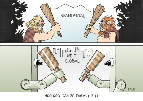 Cartoon: 100 000 years of progress (medium) by Erl tagged mensch,agression,kampf,krieg,fortschritt,null,mensch,aggression,kampf,krieg,fortschritt,null,entwicklung,evolution,kulturelle evolution,neandertaler,maschine,roboter,technik,technologie,kulturelle