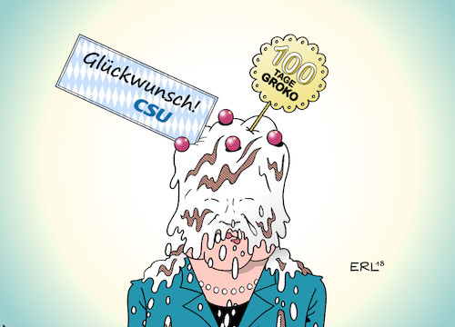 Cartoon: 100 Tage Groko (medium) by Erl tagged politik,regierung,große,koalition,groko,cdu,csu,spd,100,hundert,tage,bilanz,streit,asylstreit,asylpolitik,flüchtlingspolitik,flüchtlinge,grenze,zurückweisung,asylmasterplan,innenminister,horst,seehofer,national,alleingang,bundeskanzlerin,angela,merkel,eu,lösung,ultimatum,druck,zerreißprobe,rechtspopulismus,angst,afd,torte,gesicht,karikatur,erl,politik,regierung,große,koalition,groko,cdu,csu,spd,100,hundert,tage,bilanz,streit,asylstreit,asylpolitik,flüchtlingspolitik,flüchtlinge,grenze,zurückweisung,asylmasterplan,innenminister,horst,seehofer,national,alleingang,bundeskanzlerin,angela,merkel,eu,lösung,ultimatum,druck,zerreißprobe,rechtspopulismus,angst,afd,torte,gesicht,karikatur,erl