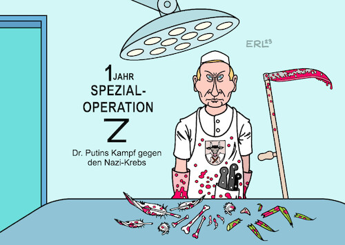 Cartoon: 1 Jahr Spezialoperation (medium) by Erl tagged politik,krieg,angriff,angriffskrieg,überfall,wladimir,putin,russland,ukraine,propaganda,kampf,nazis,westen,spezialoperation,arzt,doktor,operation,gemetzel,friedenstaube,karikatur,erl,politik,krieg,angriff,angriffskrieg,überfall,wladimir,putin,russland,ukraine,propaganda,kampf,nazis,westen,spezialoperation,arzt,doktor,operation,gemetzel,friedenstaube,karikatur,erl