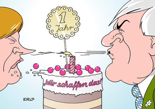 Cartoon: 1 Jahr Wir schaffen das! (medium) by Erl tagged bundeskanzlerin,angela,merkel,cdu,flüchtlinge,grenze,öffnung,humanität,wir,schaffen,das,kritik,ministerpräsident,bayern,horst,seehofer,csu,forderung,obergrenze,schließung,balkanroute,verhältnis,angespannt,jahr,geburtstagstorte,kerze,ausblasen,gegenwind,karikatur,erl,bundeskanzlerin,angela,merkel,cdu,flüchtlinge,grenze,öffnung,humanität,wir,schaffen,das,kritik,ministerpräsident,bayern,horst,seehofer,csu,forderung,obergrenze,schließung,balkanroute,verhältnis,angespannt,jahr,geburtstagstorte,kerze,ausblasen,gegenwind,karikatur,erl